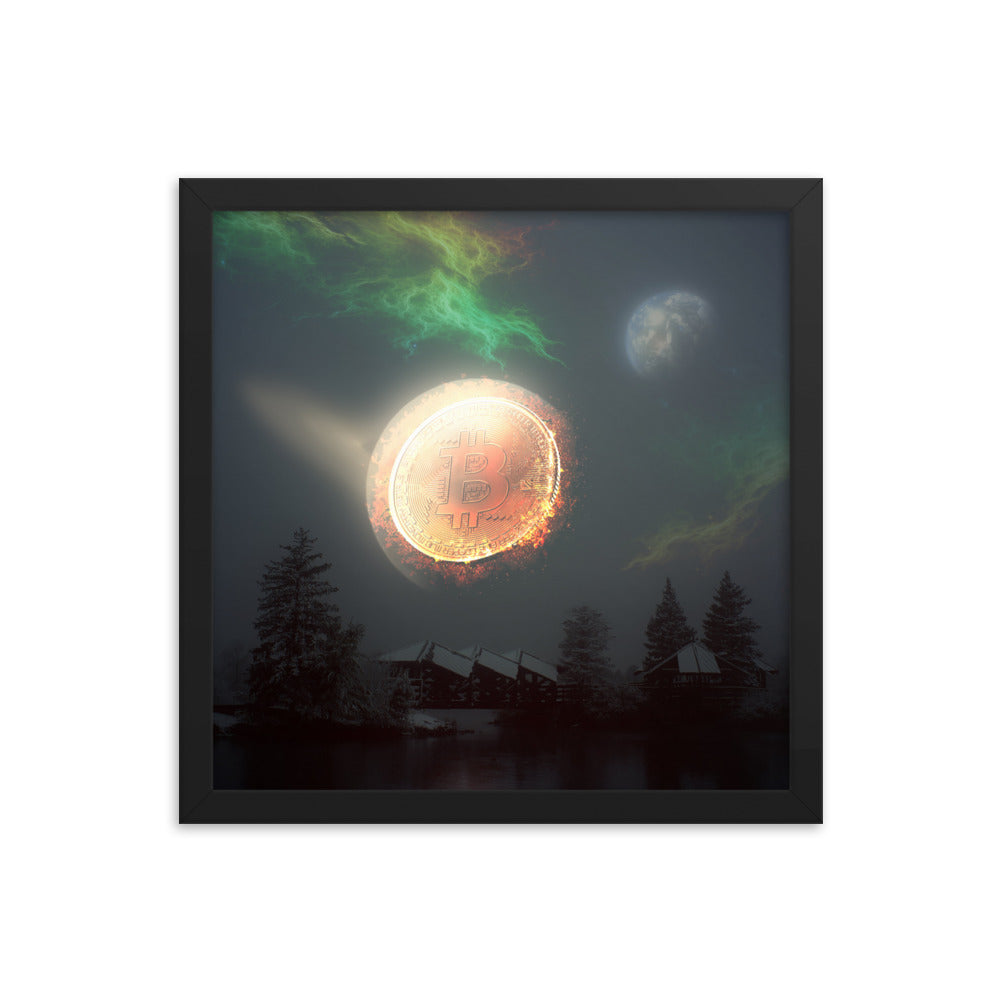 Bitcoin Aurora Framed poster, with green, orange and yellow colors and a full moon, 14x14, by PhilanthroBit