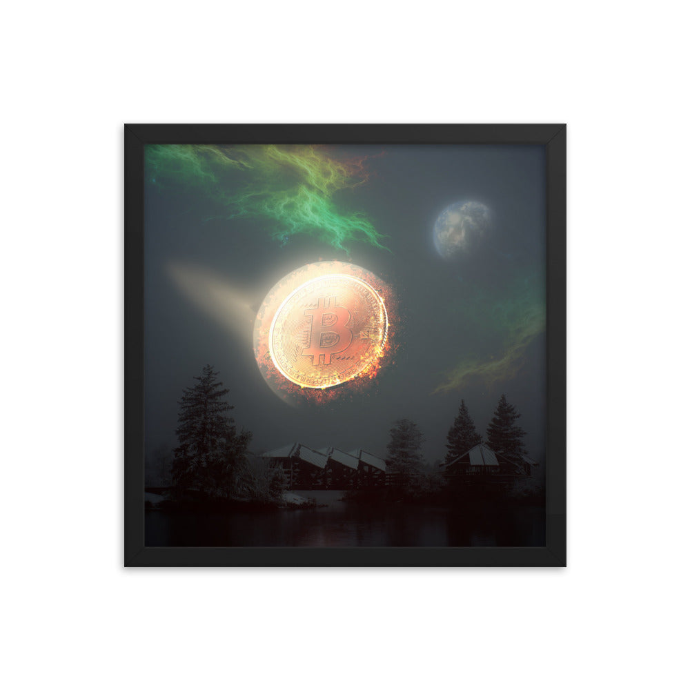 Bitcoin Aurora Framed poster, with green, orange and yellow colors and a full moon, 16x16, by PhilanthroBit