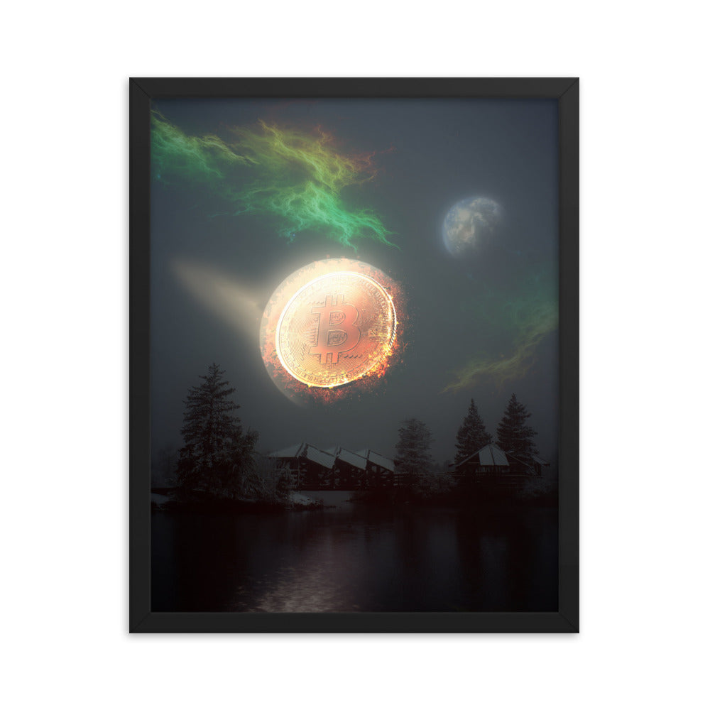 Bitcoin Aurora Framed poster, with green, orange and yellow colors and a full moon, 16x20, by PhilanthroBit