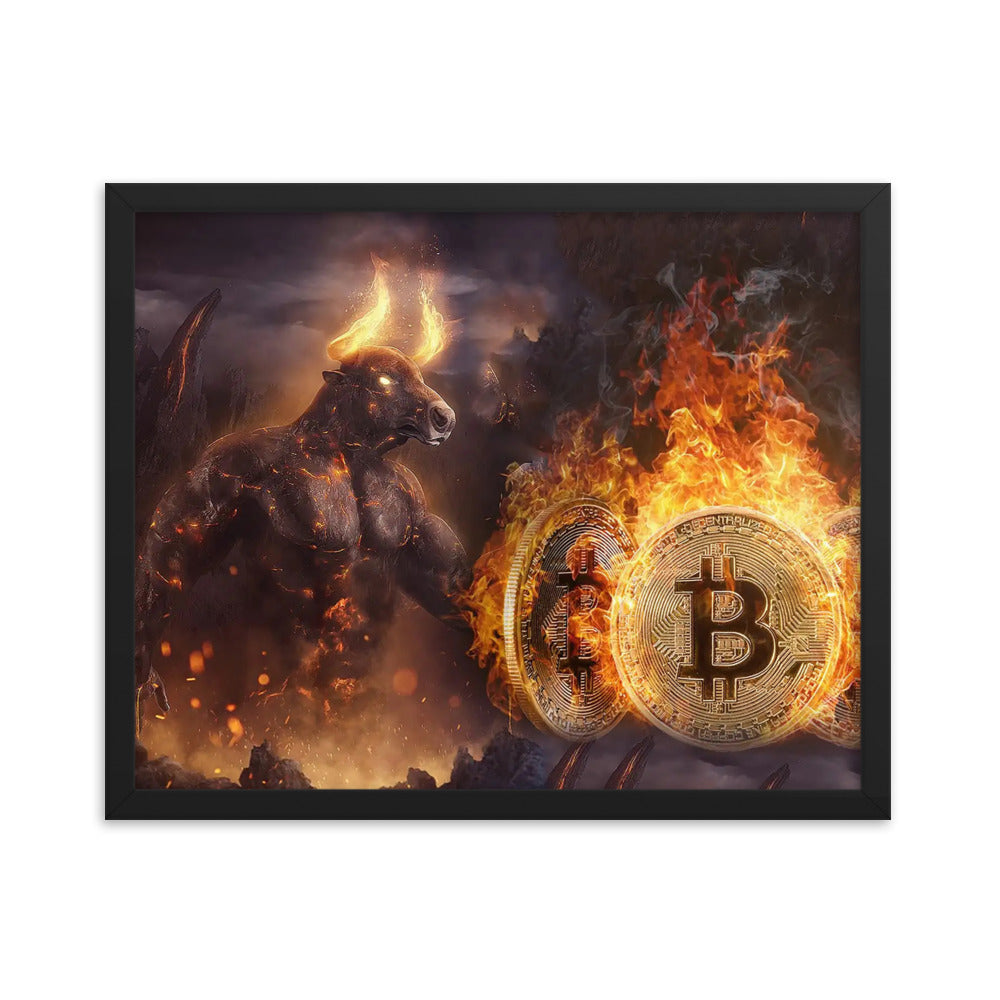 Flaming Bitcoin Bull Framed poster