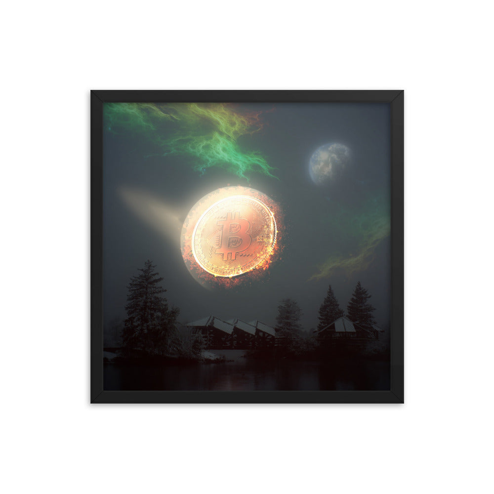 Bitcoin Aurora Framed poster, with green, orange and yellow colors and a full moon,18x18, by PhilanthroBit