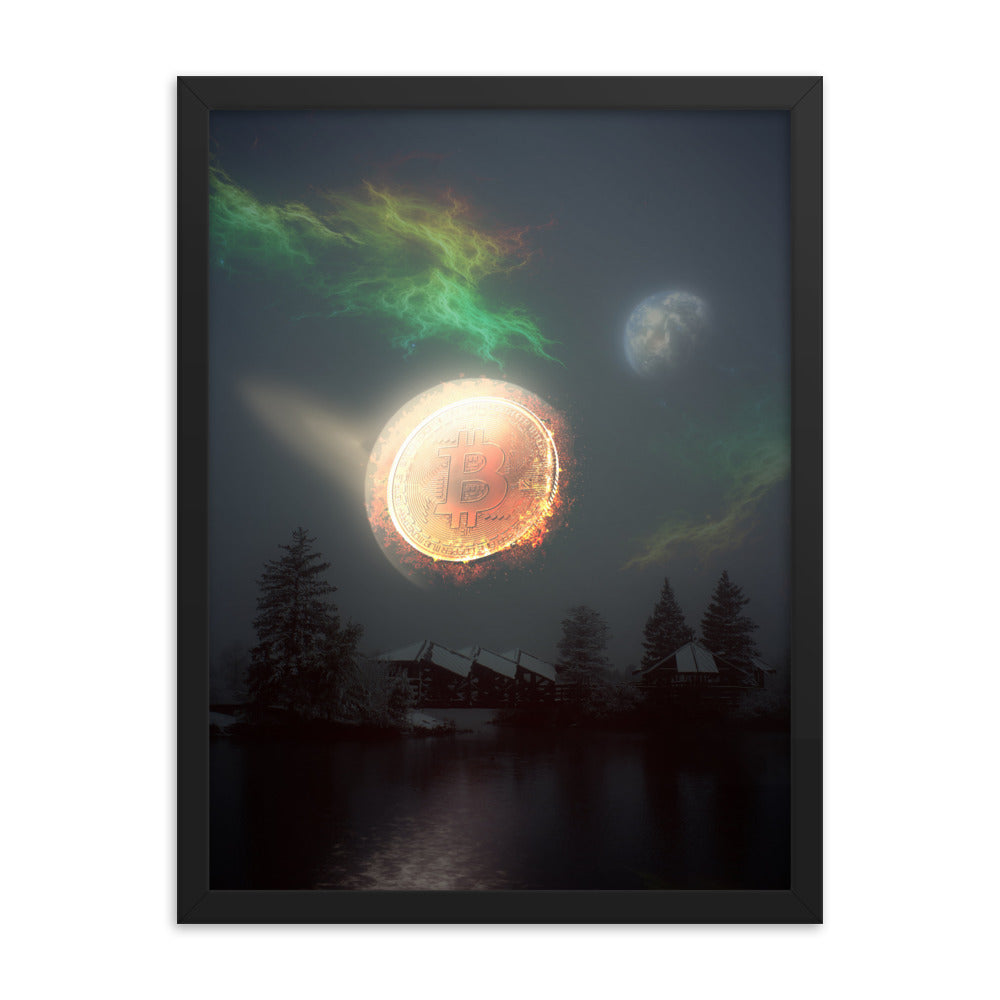 Bitcoin Aurora Framed poster, with green, orange and yellow colors and a full moon,18x24, by PhilanthroBit