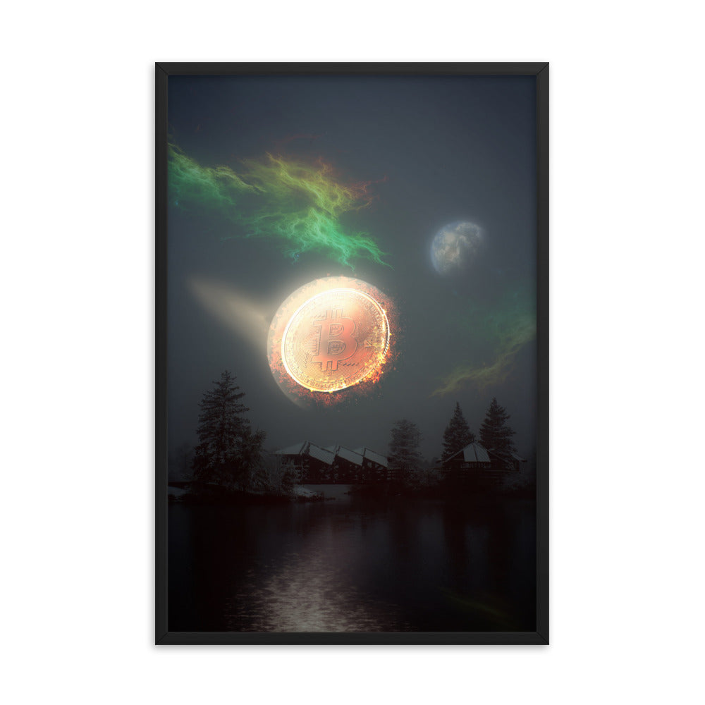 Bitcoin Aurora Framed poster, with green, orange and yellow colors and a full moon, 24x36, by PhilanthroBit