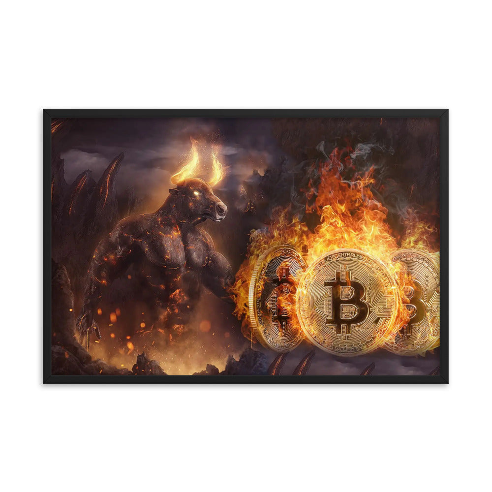 Flaming Bitcoin Bull Framed poster