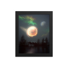 Bitcoin Aurora Framed poster, with green, orange and yellow colors and a full moon, 8x10, by PhilanthroBit