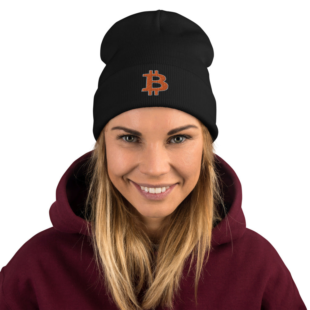 3D Embroidered Bitcoin Knit 3D Embroidered Bitcoin Winter Knit Beanie with orange logo by PhilanthroBit - black color - front view