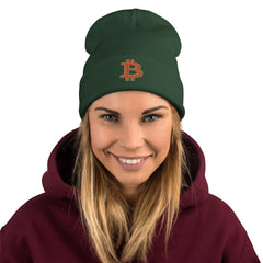 3D Embroidered Bitcoin Knit 3D Embroidered Bitcoin Winter Knit Beanie with orange logo by PhilanthroBit - green color - front view