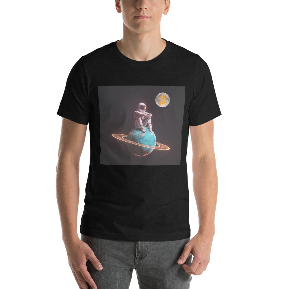 Bitcoin Astronaut Short-Sleeve Unisex T-Shirt, Black heather tee with bitcoin moon, by PhilanthroBit