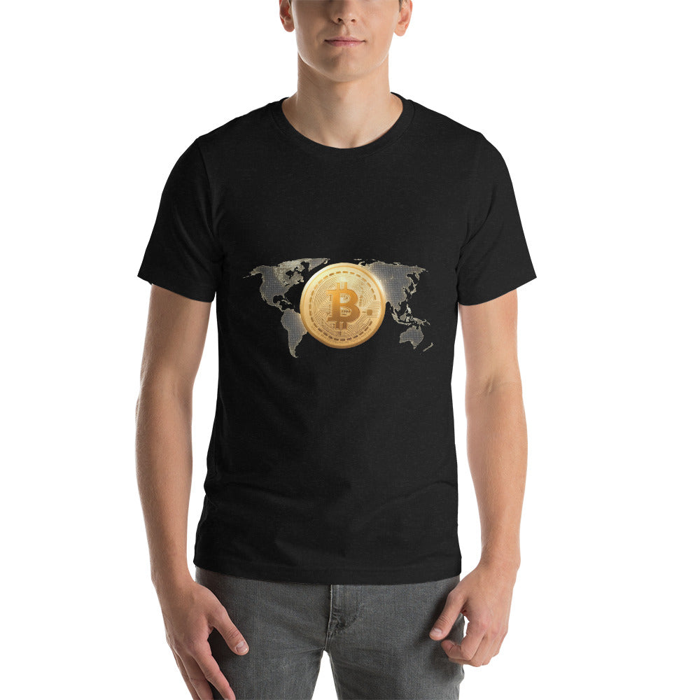 Bitcoin Around the World Short-Sleeve Unisex T-Shirt, Black Heather color, by PhilanthroBit