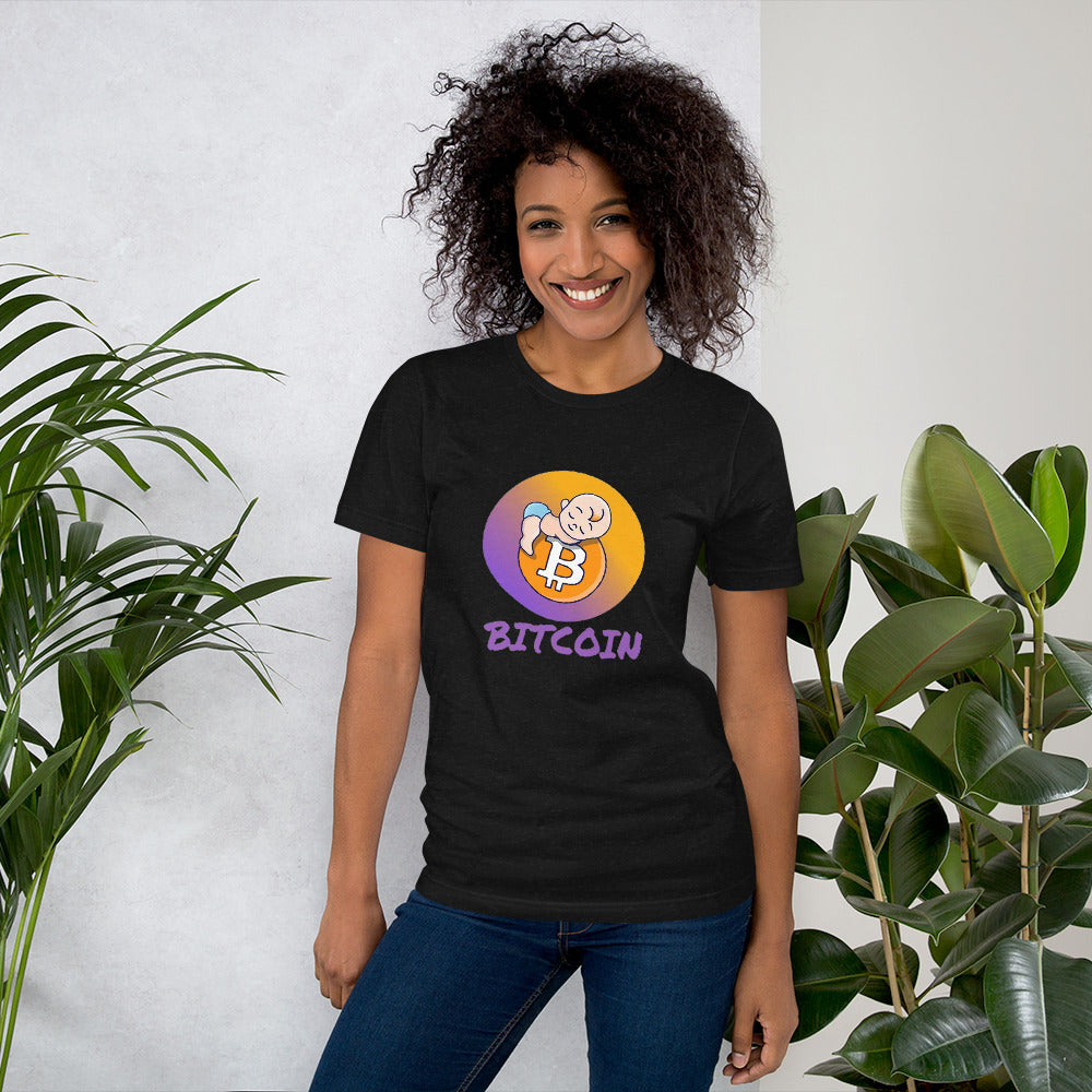 Bitcoin Baby Short-Sleeve Unisex T-Shirt, Heather Black tee, by PhilanthroBit