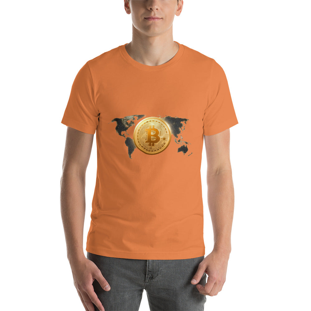 Bitcoin Around the World Short-Sleeve Unisex T-Shirt, Burnt Orange color, by PhilanthroBit