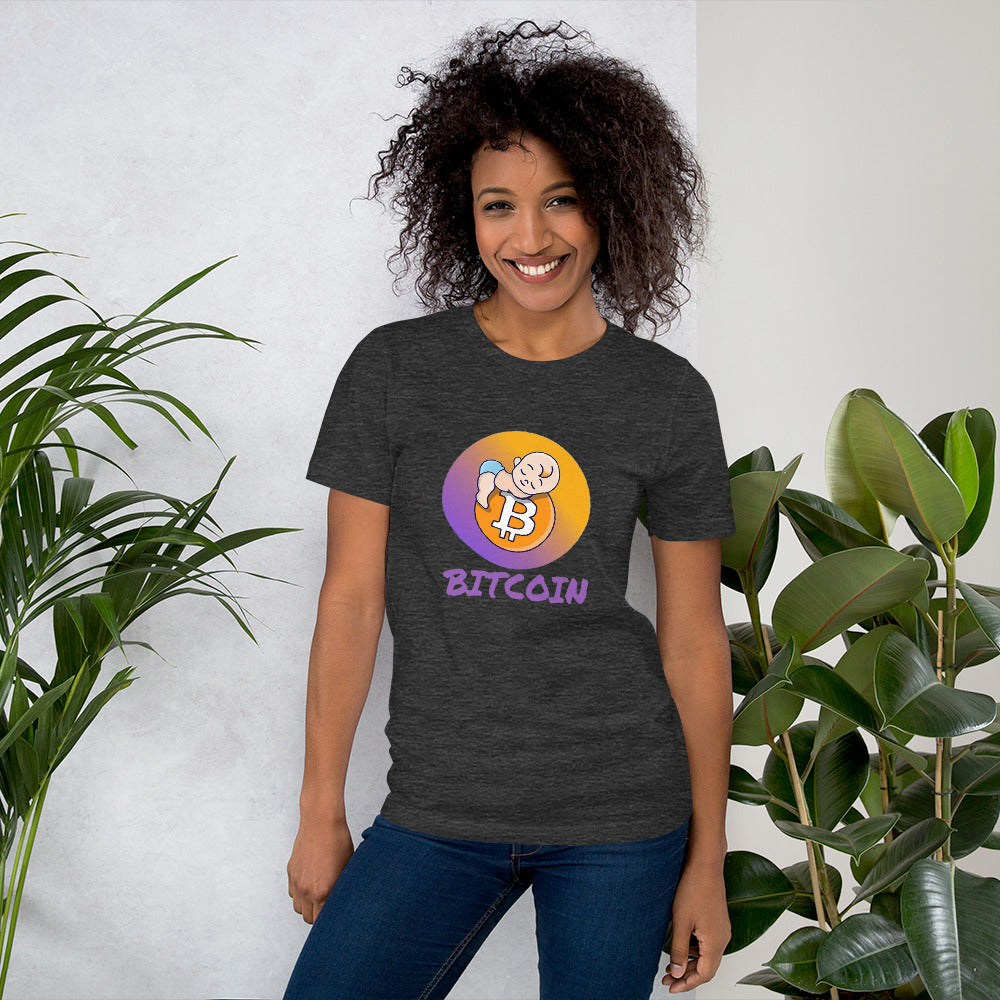 Bitcoin Baby Short-Sleeve Unisex T-Shirt, Dark Heather Grey tee, by PhilanthroBit