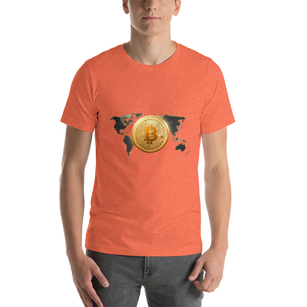 Bitcoin Around the World Short-Sleeve Unisex T-Shirt, Heather Orange color, by PhilanthroBit