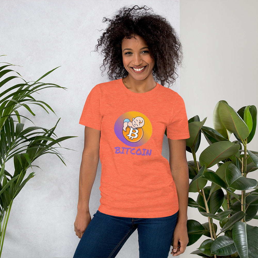 Bitcoin Baby Short-Sleeve Unisex T-Shirt, Heather Orange tee, by PhilanthroBit