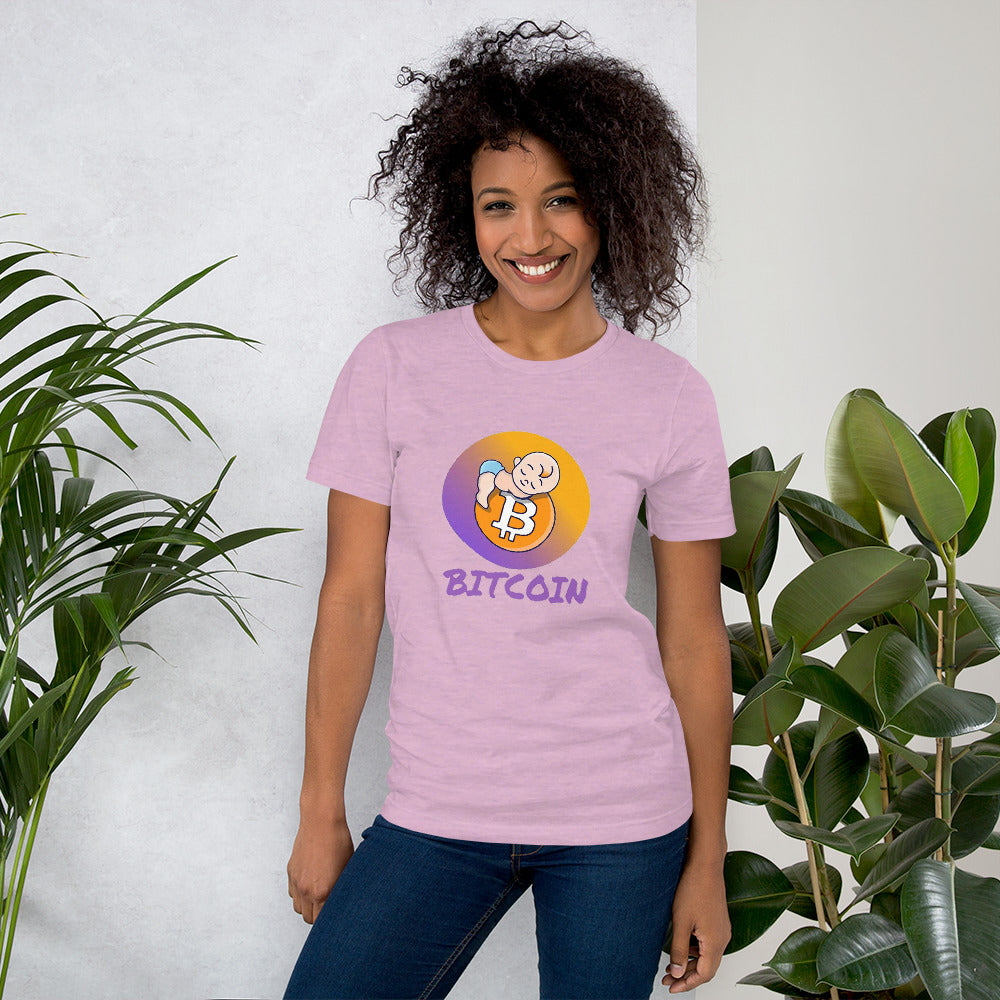 Bitcoin Baby Short-Sleeve Unisex T-Shirt, Heather Prism Lilac tee, by PhilanthroBit