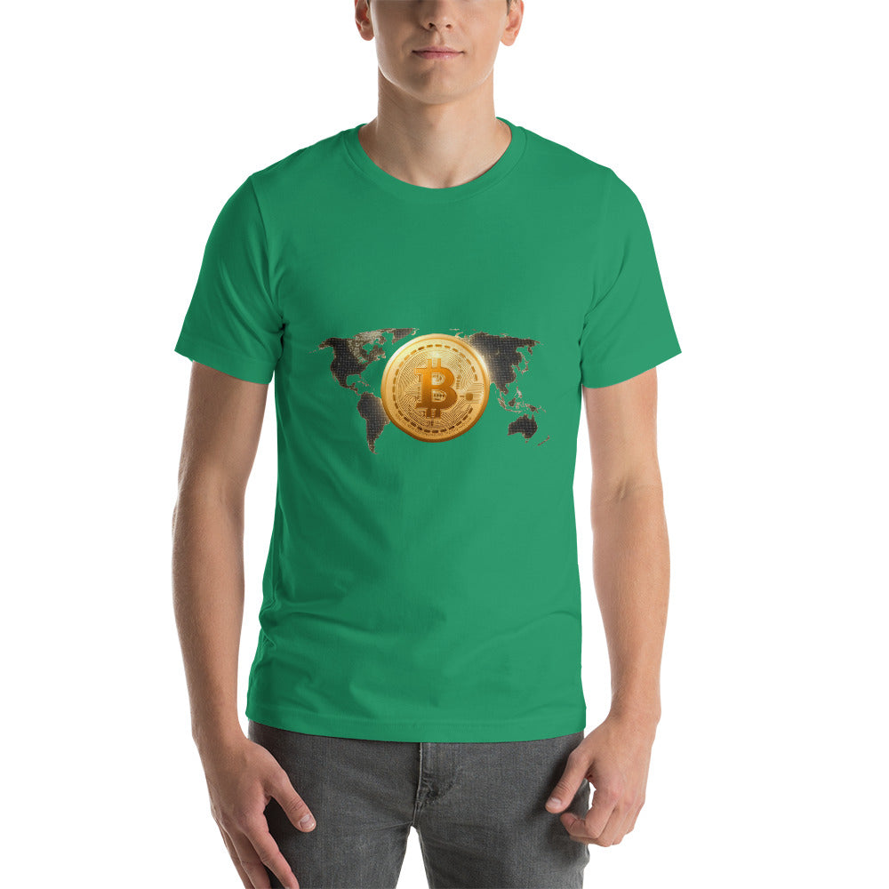 Bitcoin Around the World Short-Sleeve Unisex T-Shirt, Kelly Green color, by PhilanthroBit