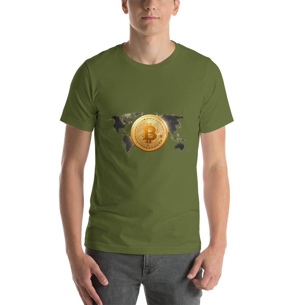 Bitcoin Around the World Short-Sleeve Unisex T-Shirt, Olive Green color, by PhilanthroBit