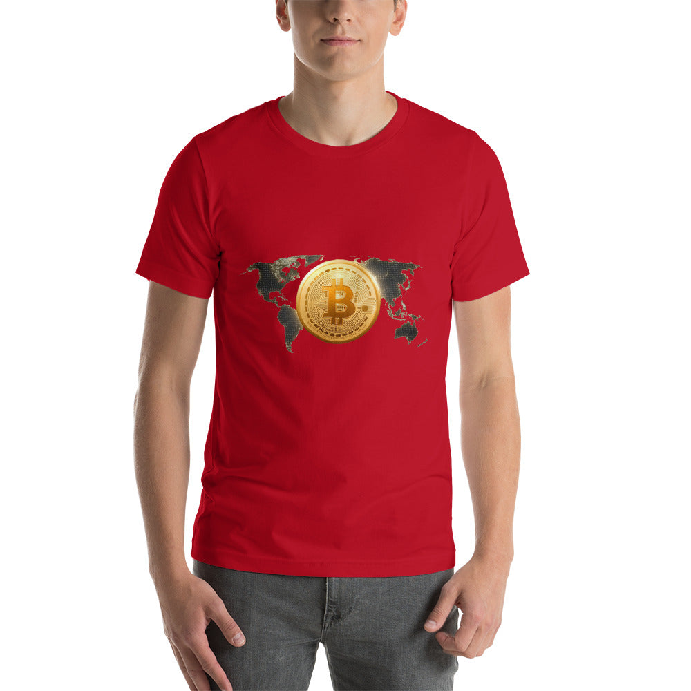 Bitcoin Around the World Short-Sleeve Unisex T-Shirt, Red color, by PhilanthroBit