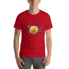 Bitcoin Around the World Short-Sleeve Unisex T-Shirt, Red color, by PhilanthroBit