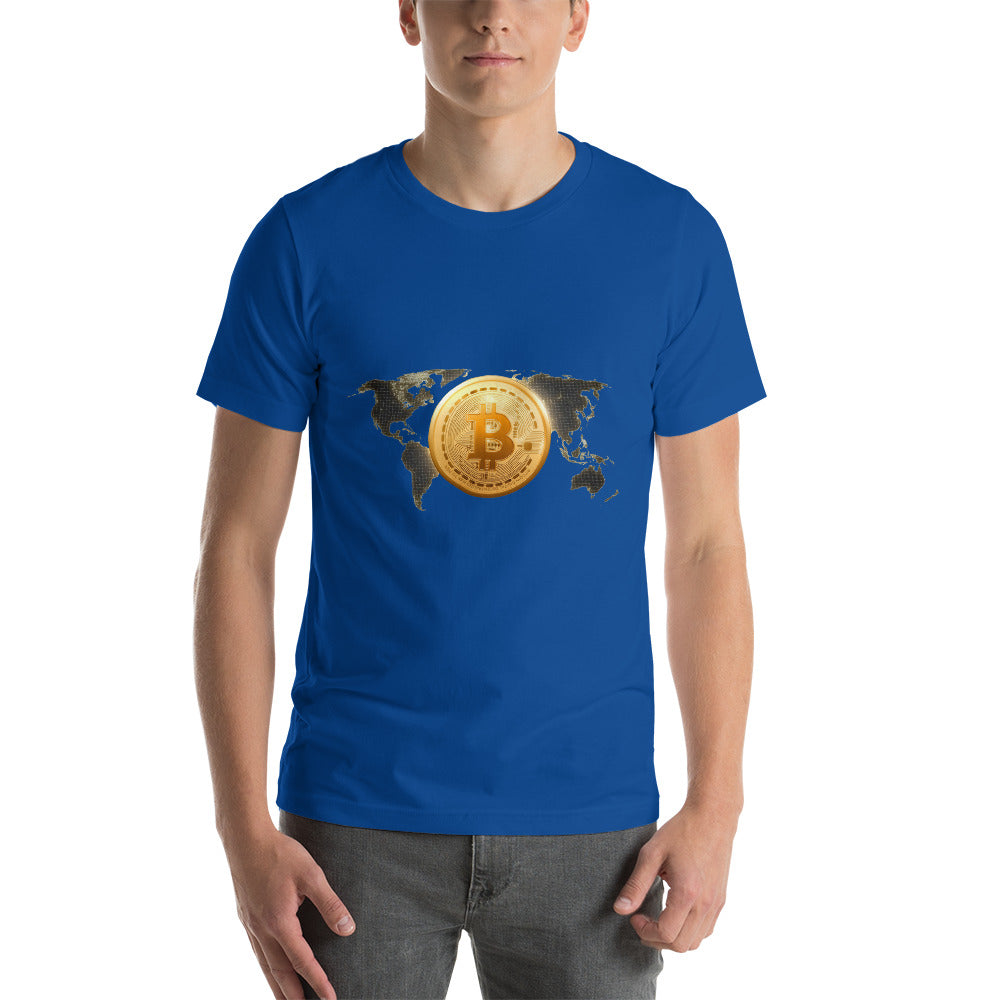 Bitcoin Around the World Short-Sleeve Unisex T-Shirt, True Royal Blue color, by PhilanthroBit